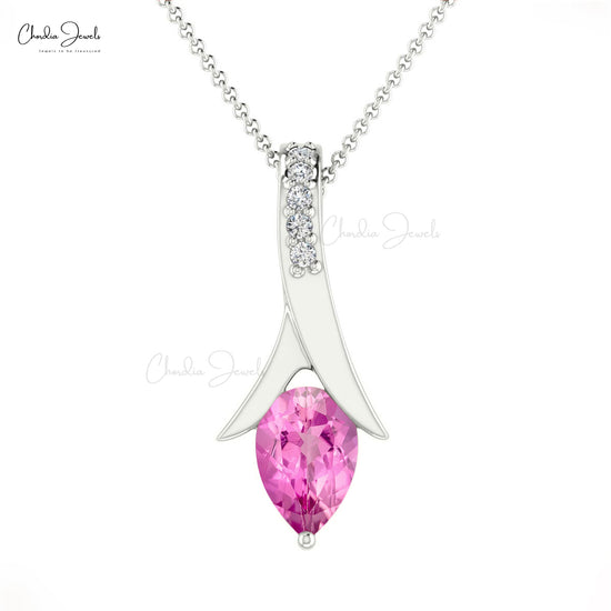 Dainty Diamond Pendant In Real 14k Gold Pink Sapphire 6x4mm Gemstone Drop Necklace