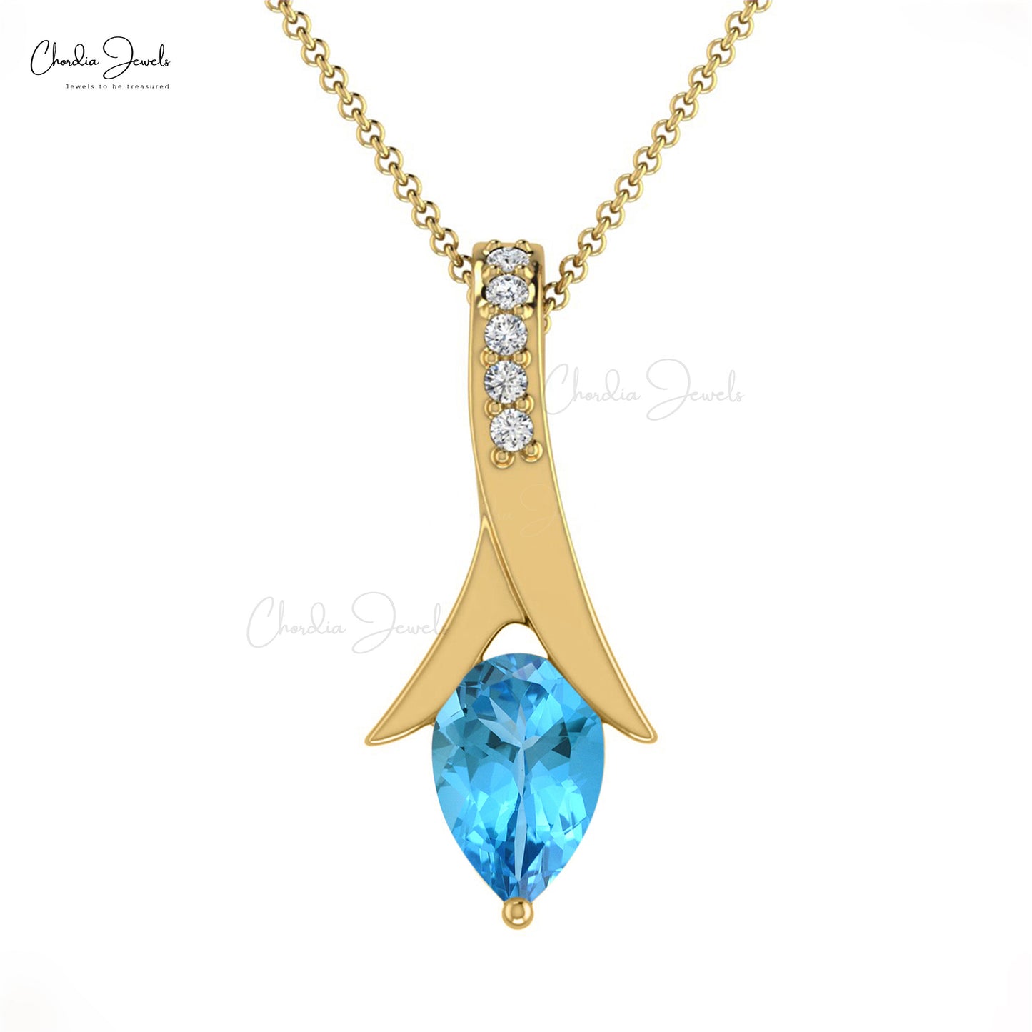 Natural Swiss Blue Topaz Handmade Pendant 14k Solid Gold Diamond Tear Drop Pendant 6X4mm Pear Cut Gemstone Handmade Jewelry For Anniversary Gift