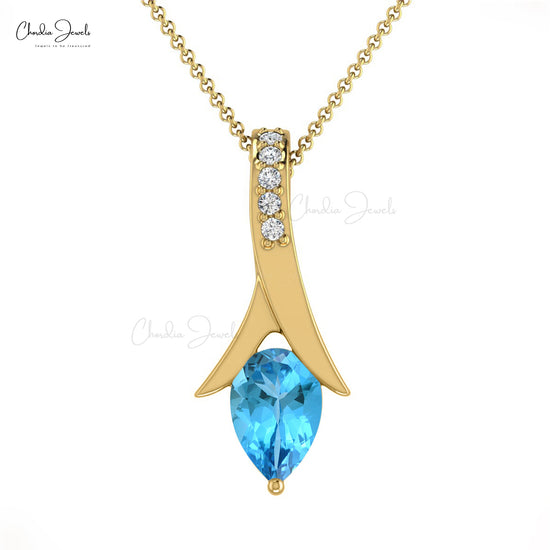 Natural Swiss Blue Topaz Handmade Pendant 14k Solid Gold Diamond Tear Drop Pendant 6X4mm Pear Cut Gemstone Handmade Jewelry For Anniversary Gift