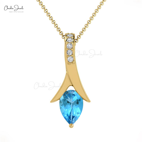Load image into Gallery viewer, Natural Swiss Blue Topaz Handmade Pendant 14k Solid Gold Diamond Tear Drop Pendant 6X4mm Pear Cut Gemstone Handmade Jewelry For Anniversary Gift
