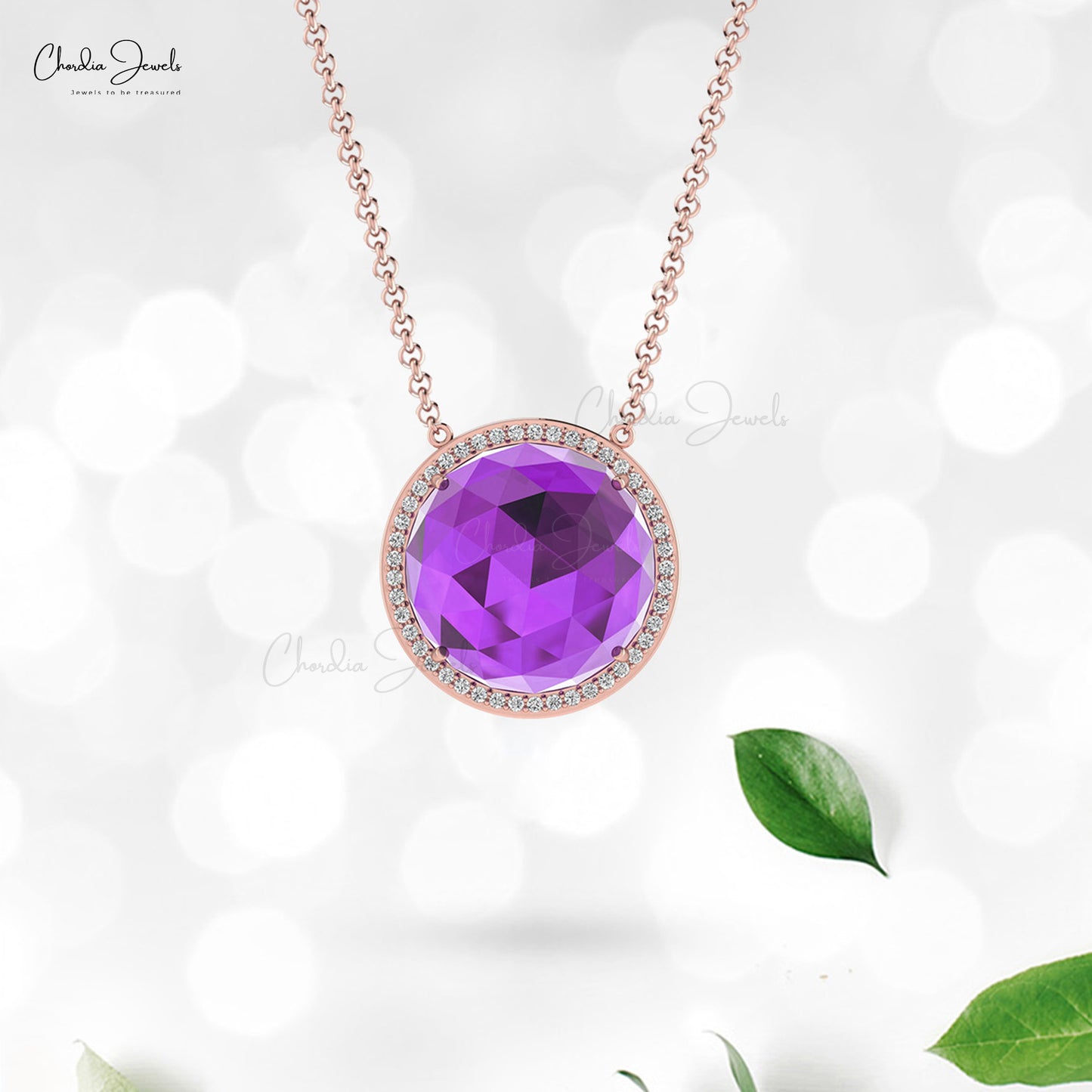 Genuine Amethyst and Diamond Necklace, 14k Solid Gold Gemstone Necklace, 15mm Round Rose Cut February Birthstone Necklace Gift for Anniversary