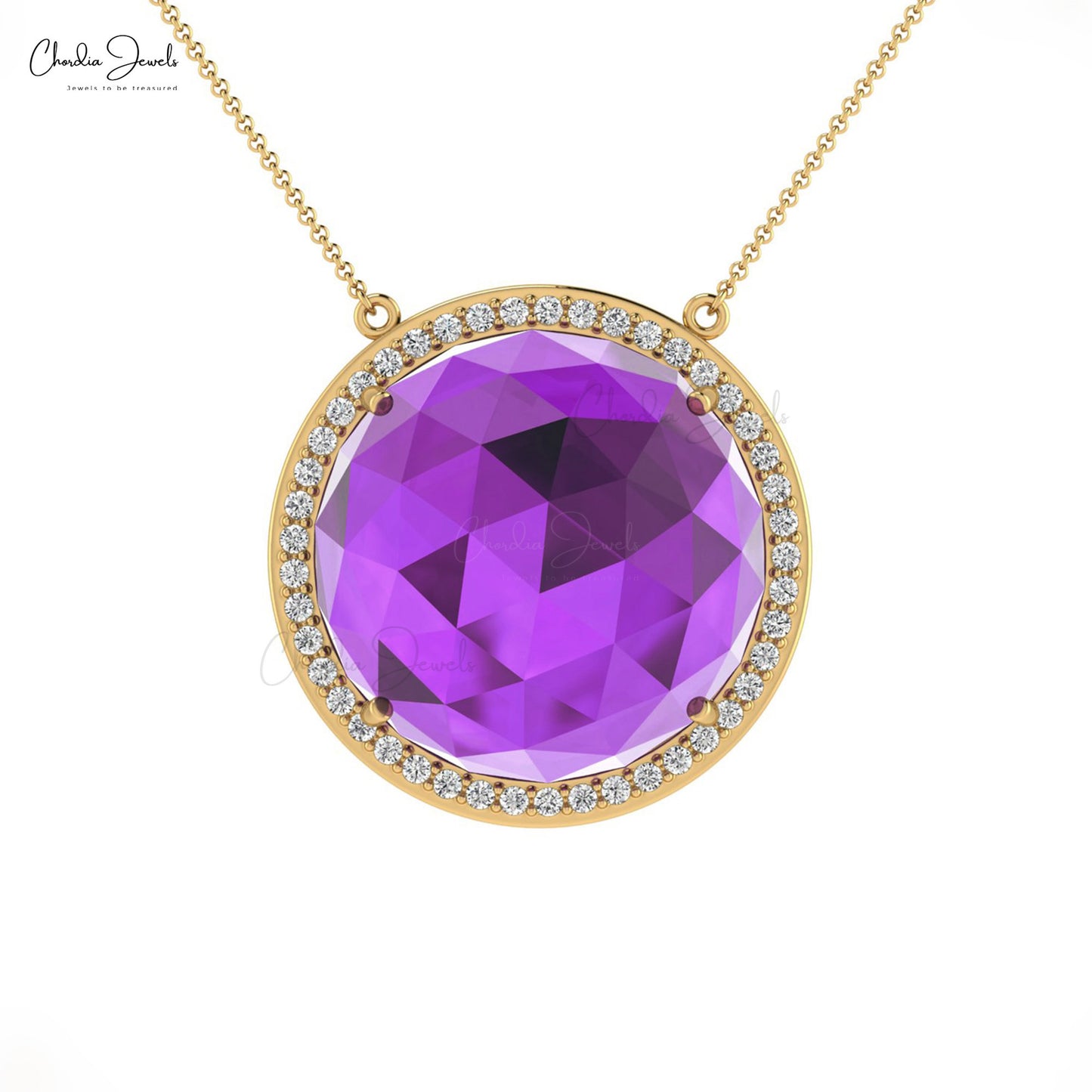 Genuine Amethyst and Diamond Necklace, 14k Solid Gold Gemstone Necklace, 15mm Round Rose Cut February Birthstone Necklace Gift for Anniversary