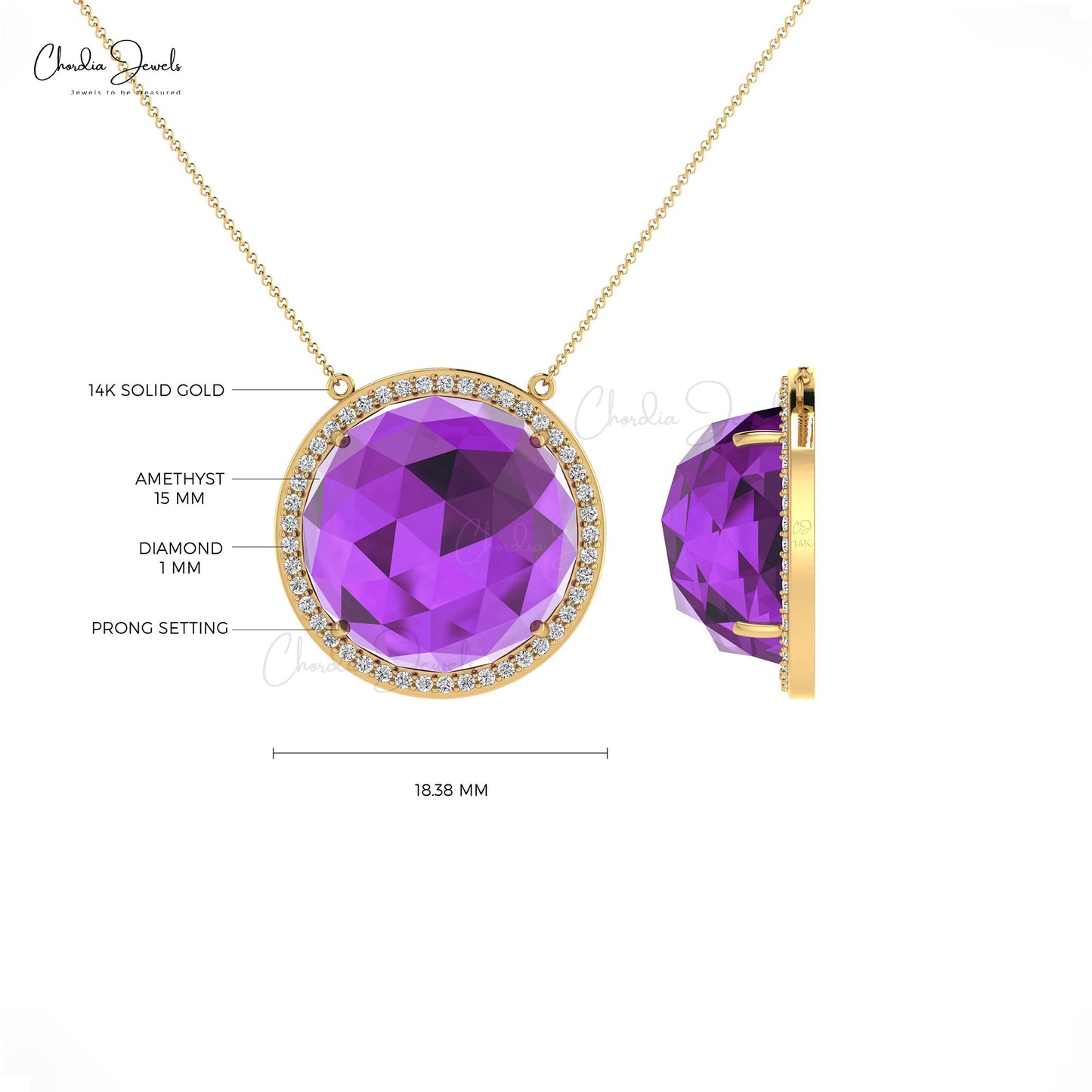 Genuine Amethyst and Diamond Necklace, 14k Solid Gold Gemstone Necklace, 15mm Round Rose Cut February Birthstone Necklace Gift for Anniversary