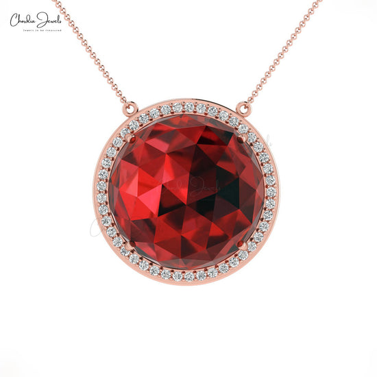 Gemstone Wedding Necklace With 15mm Red Garnet And Diamond Halo 14k Gold Chain Necklace