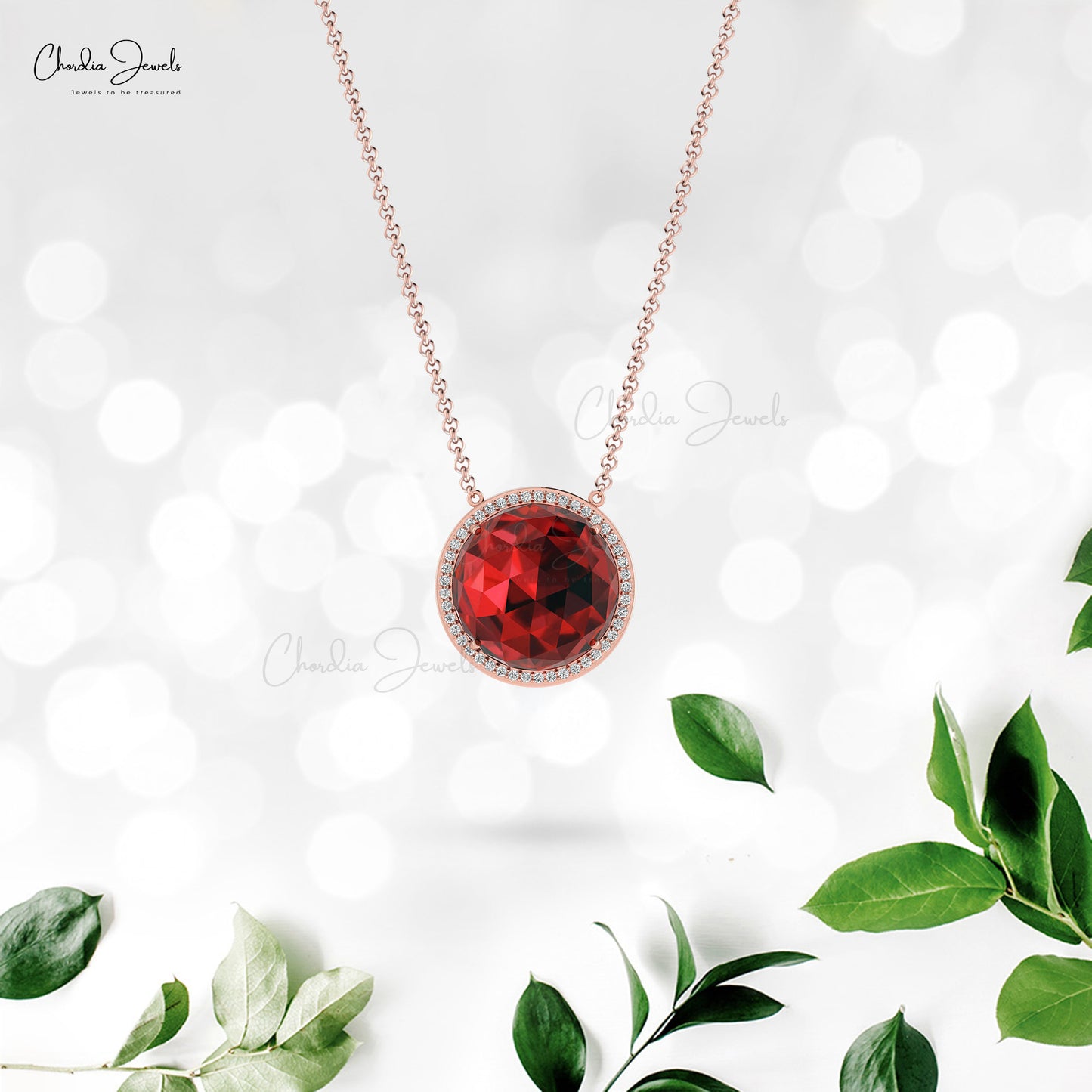 Gemstone Wedding Necklace With 15mm Red Garnet And Diamond Halo 14k Gold Chain Necklace
