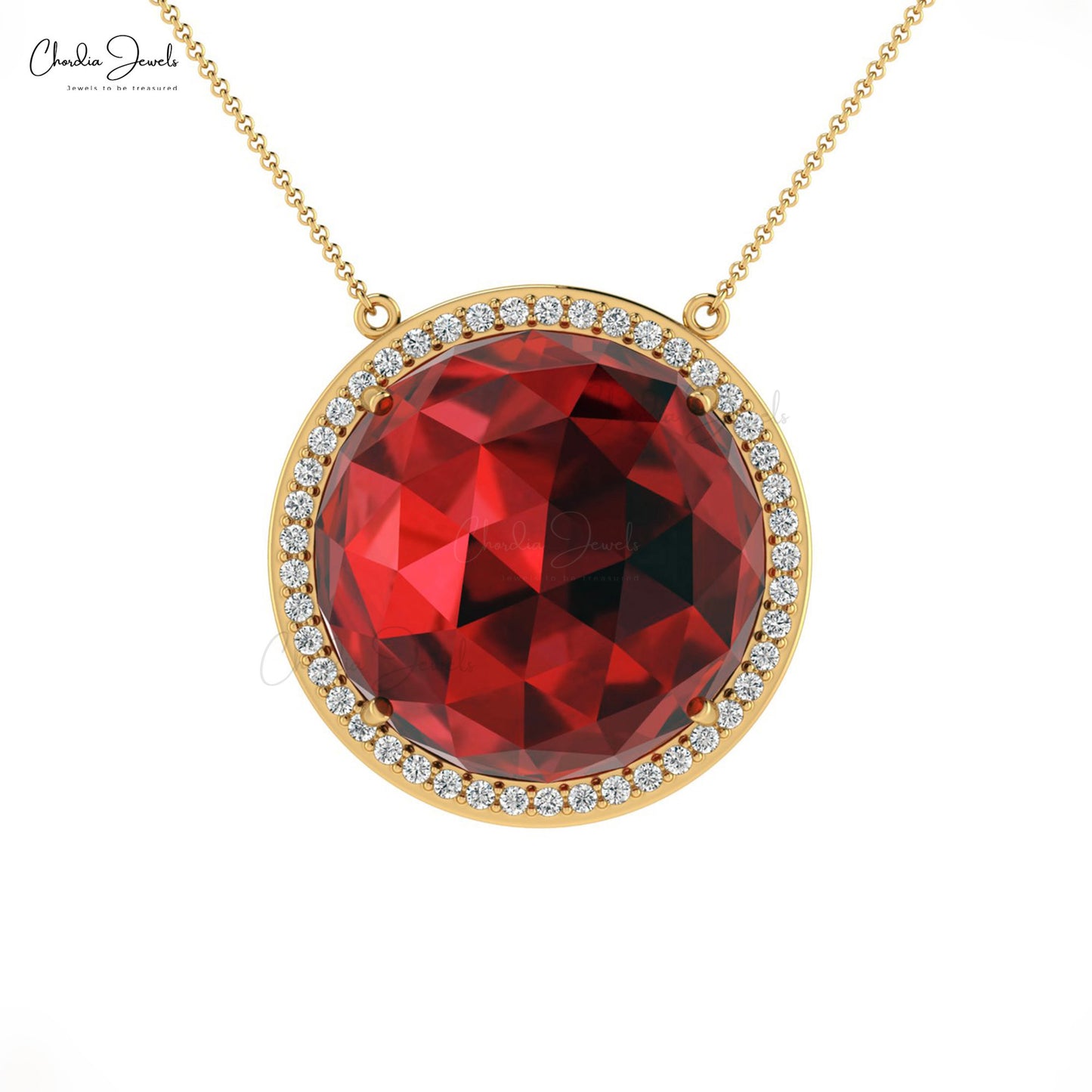 Gemstone Wedding Necklace With 15mm Red Garnet And Diamond Halo 14k Gold Chain Necklace