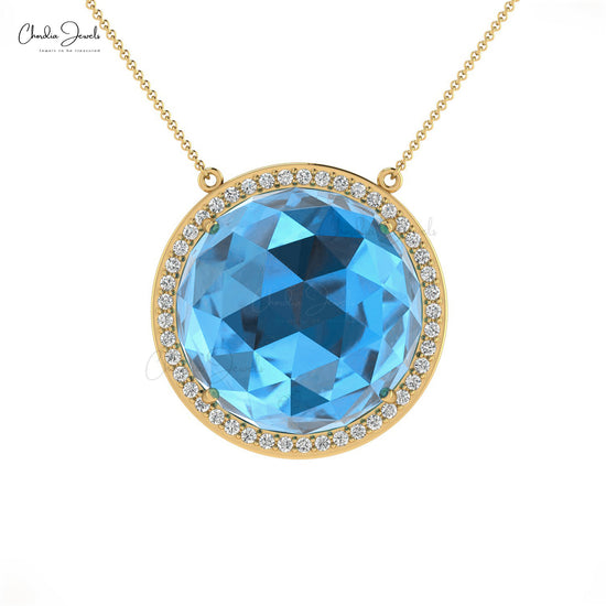 Halo Round Cut Chain Necklace In Solid 14k Gold Swiss Blue Topaz Statement Necklace