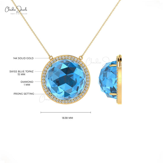 Load image into Gallery viewer, 14k Solid Gold Diamond Necklace, Natural Swiss Blue Topaz Necklace, 15mm Round Rose Cut Gemstone Necklace, December Birthstone Jewelry Gift for Her

