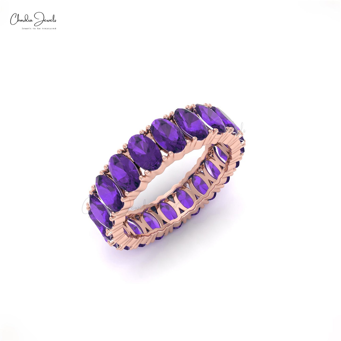 Natural 5x3mm Amethyst Gemstone Eternity Band 14k Solid Gold Minimalist Wedding Ring