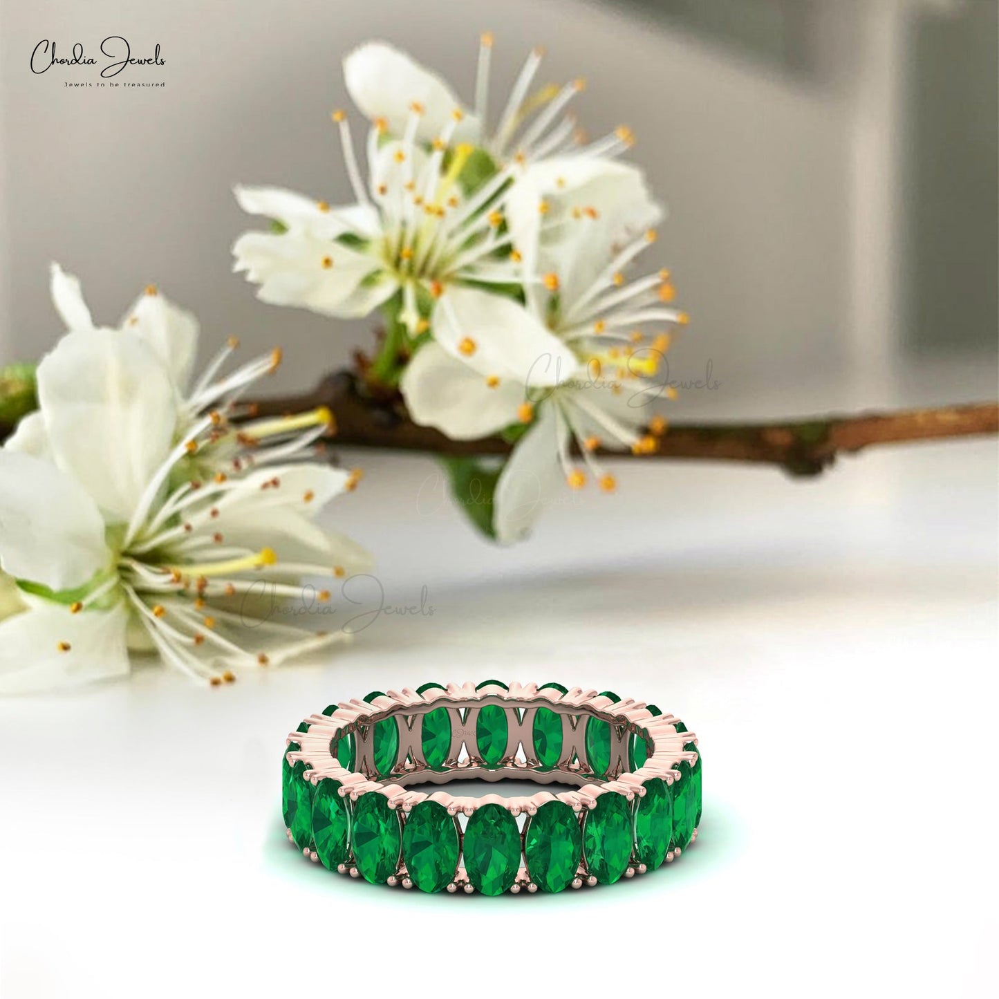 Prong Set Full Eternity Band 5x3mm Oval Green Emerald Engagement Ring For Her