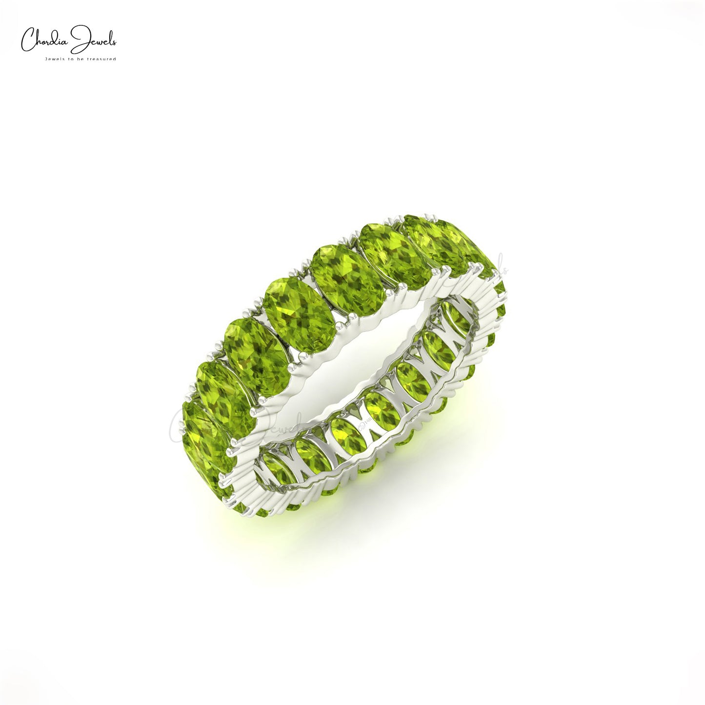 14k Solid Gold Eternity Band For Women, 5x3mm Oval Cut Natural Peridot Anniversary Ring For Her