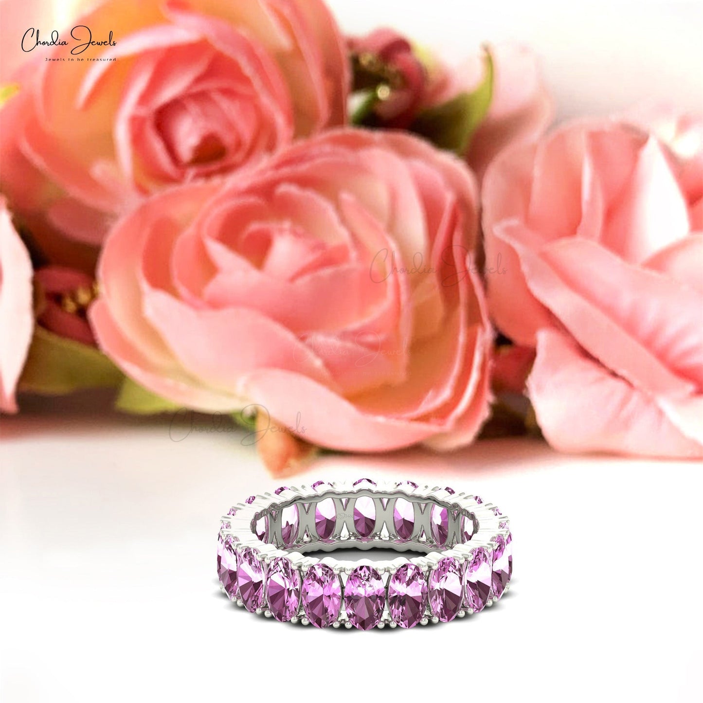 Delicate 14K Gold Natural Pink Sapphire Eternity Gemstone Band Ring for Anniversary