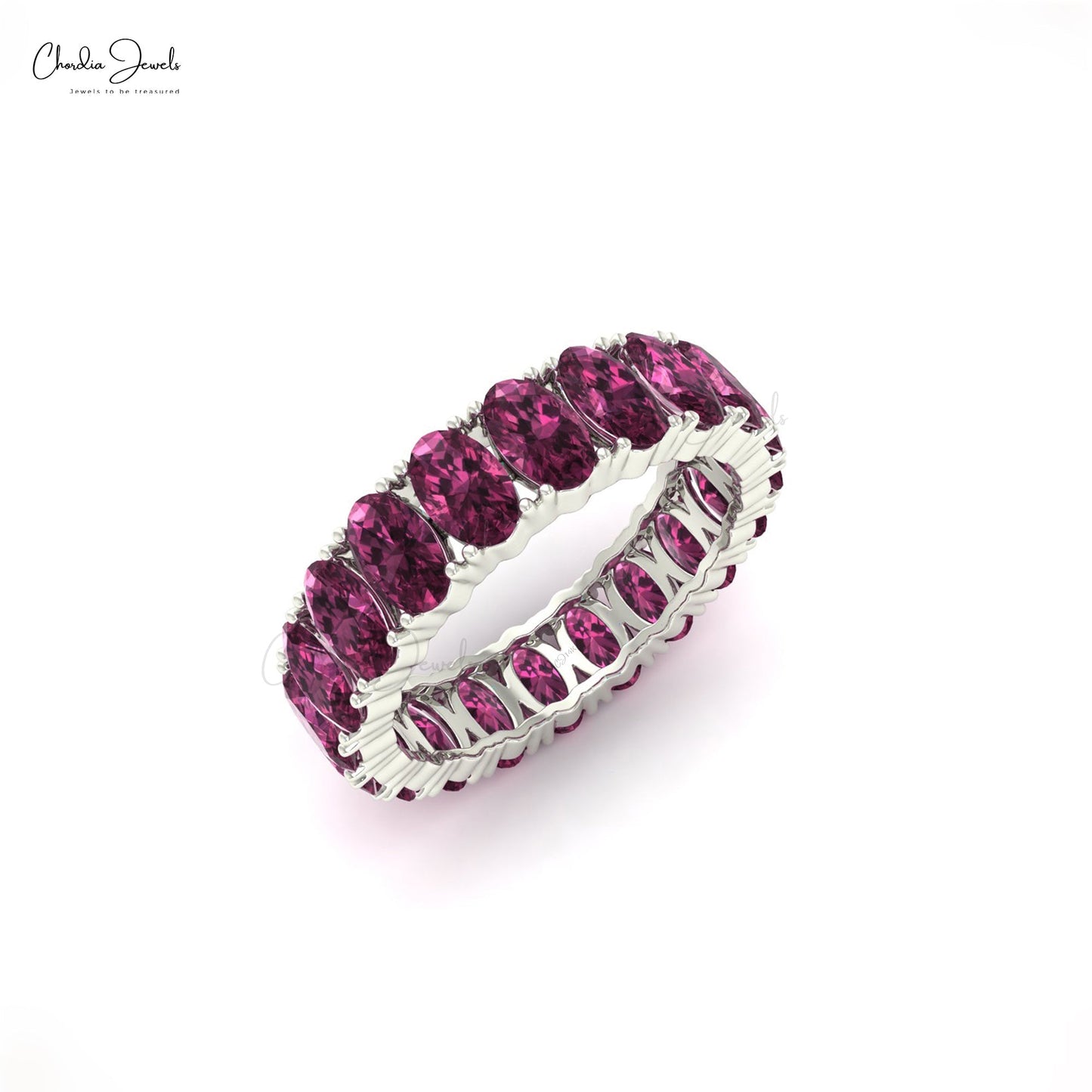 Natural Rhodolite Garnet Eternity Band 14k Solid Gold Eternity Band 5x3mm Oval Faceted Gemstone Band Thumb Ring Gift for Her