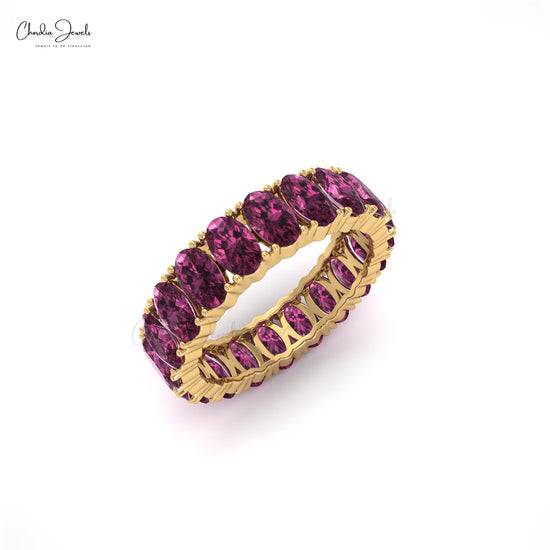 Natural Rhodolite Garnet Eternity Band 14k Solid Gold Eternity Band 5x3mm Oval Faceted Gemstone Band Thumb Ring Gift for Her