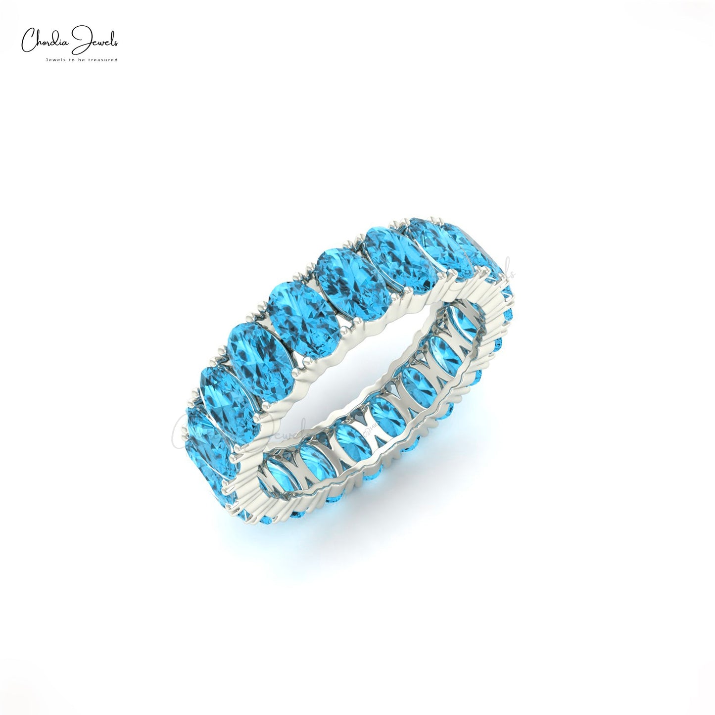 Swiss Blue Topaz Eternity Band 14k Solid Gold Eternity Band 5x3mm Oval Faceted Gemstone Band Thumb Ring Gift for Her