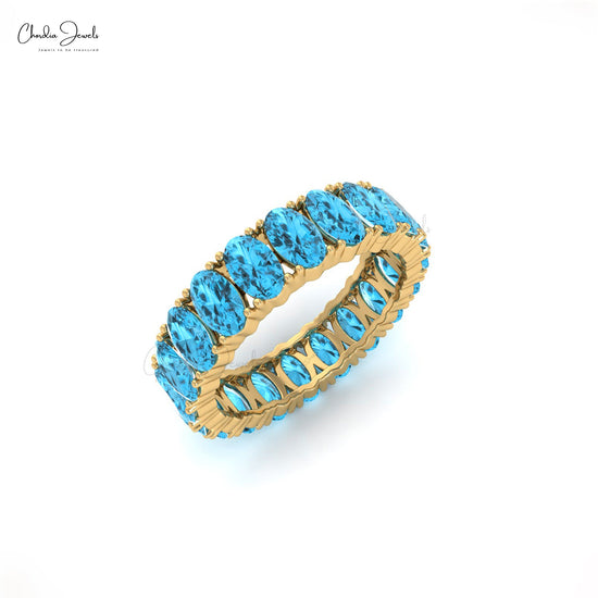 Swiss Blue Topaz Eternity Band 14k Solid Gold Eternity Band 5x3mm Oval Faceted Gemstone Band Thumb Ring Gift for Her