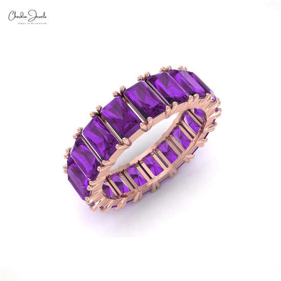 Solid 14k Gold Full Eternity Band Genuine 5x3mm Amethyst Gemstone Ring For Birthday Gift