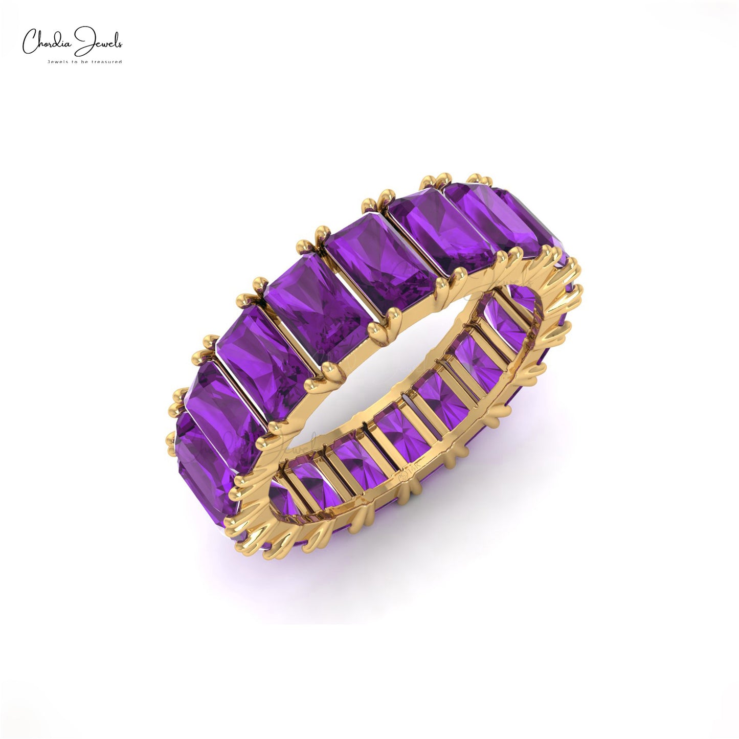 Solid 14k Gold Full Eternity Band Genuine 5x3mm Amethyst Gemstone Ring For Birthday Gift