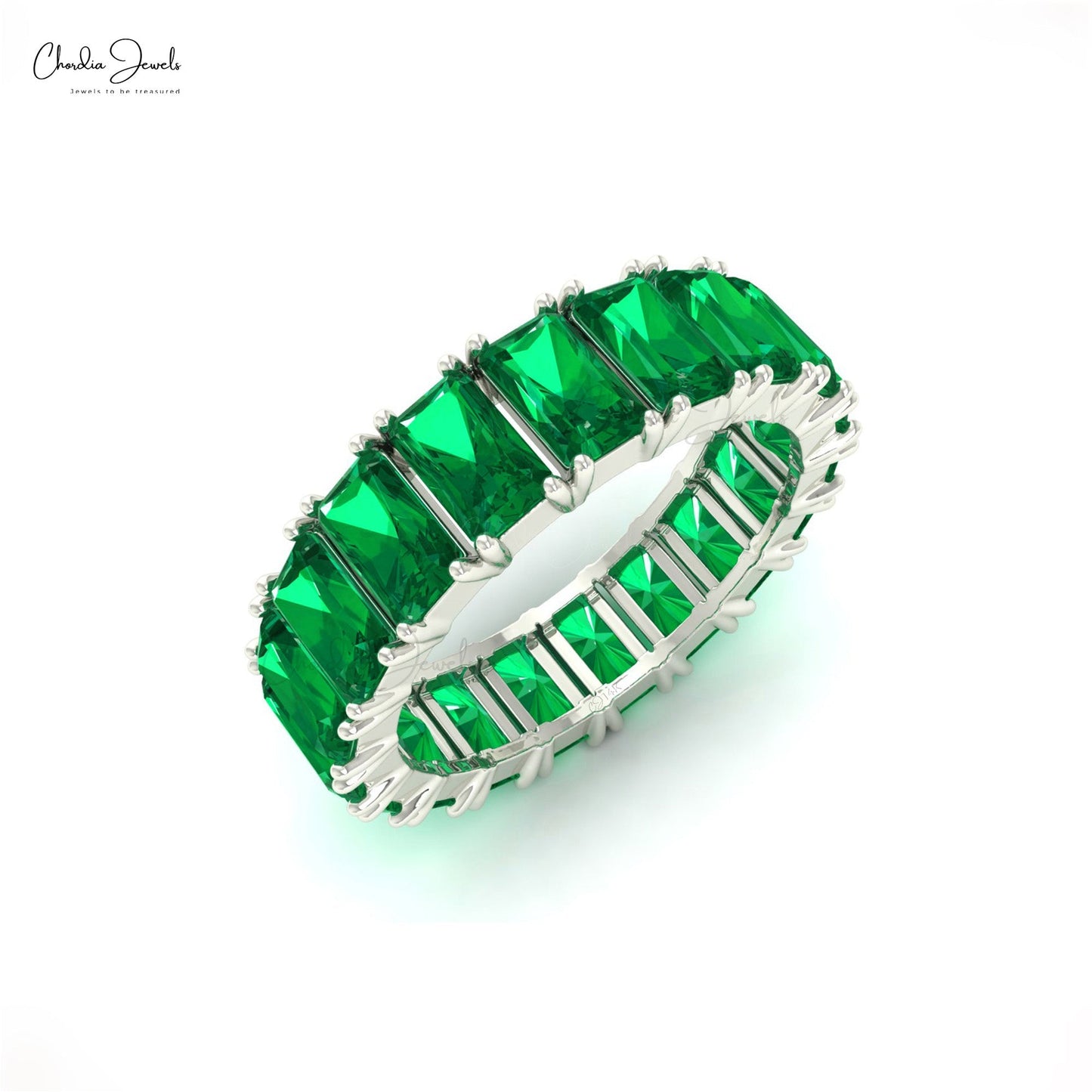 Natural 5x3 mm Octagon Cut Emerald Full Eternity Band For Women