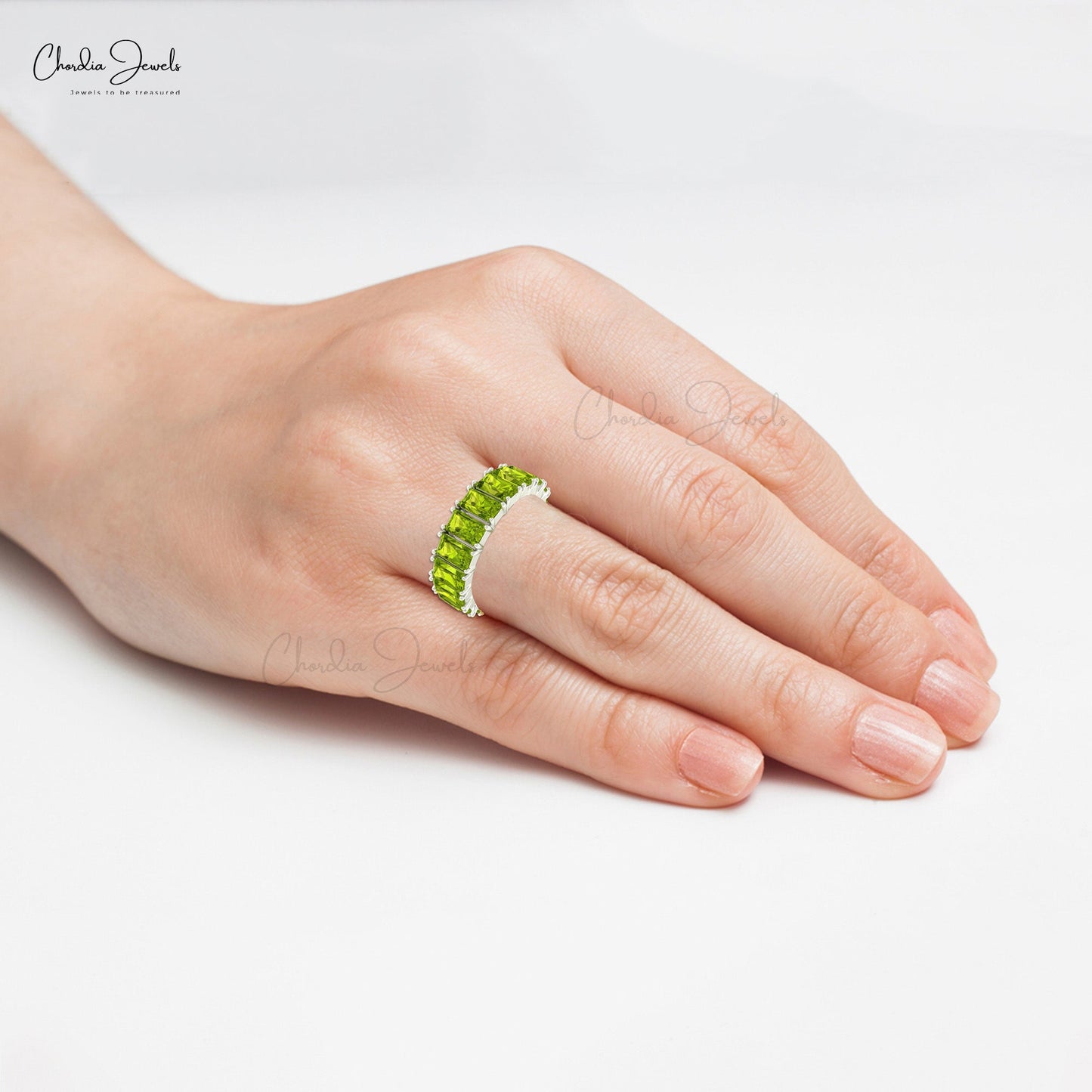 Load image into Gallery viewer, Green Peridot Octagon Cut Eternity Engagement Band Ring
