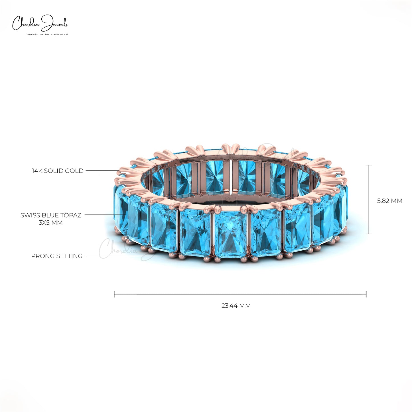 6.84 Carat Natural Swiss Blue Topaz Eternity Band in 14k Solid Gold, December Birthstone Gemstone Band