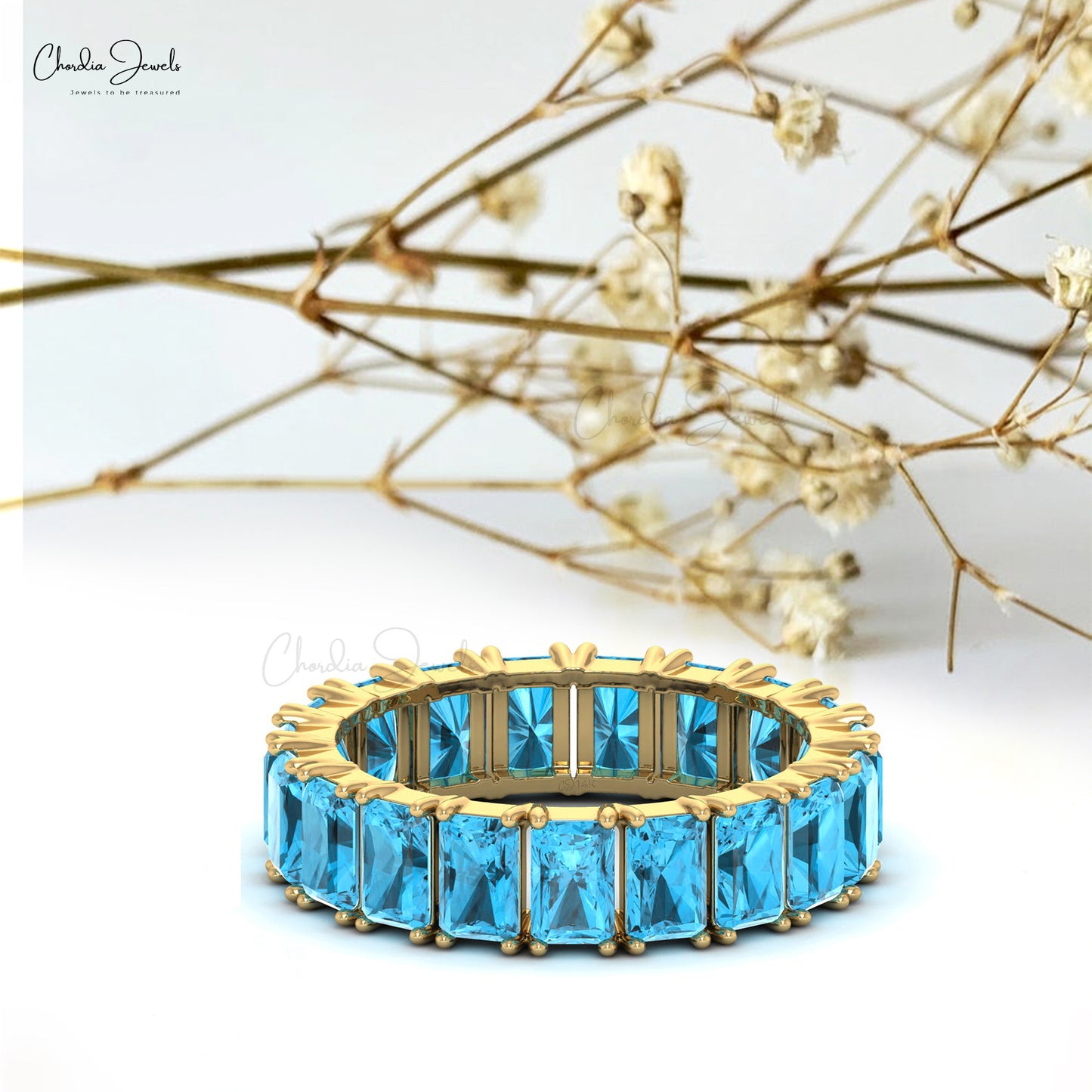 6.84 Carat Natural Swiss Blue Topaz Eternity Band in 14k Solid Gold, December Birthstone Gemstone Band