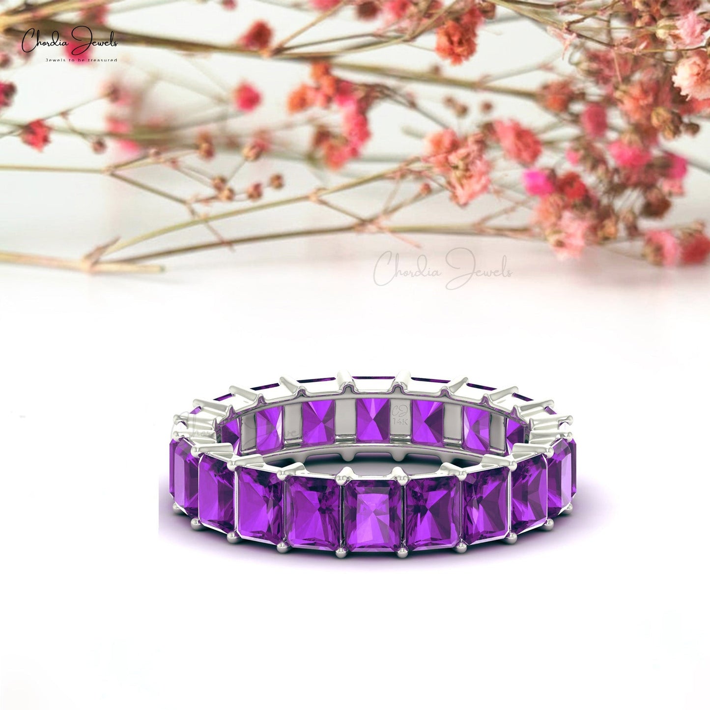 Load image into Gallery viewer, Purple Amethyst Dainty Eternity Band 14k Real Gold 4x3mm Octagon Cut Natural Gemstone Eternity Ring For Engagement
