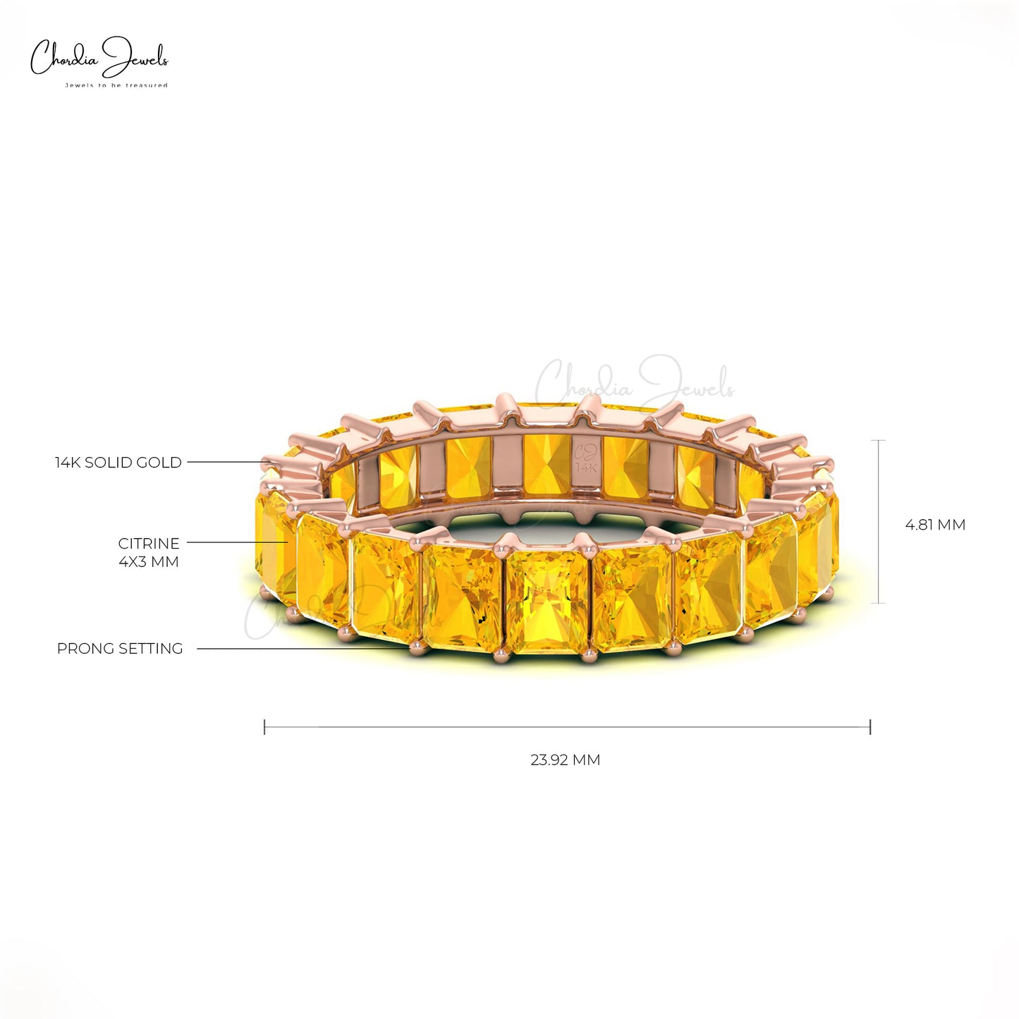 November Birtstone 4x3 mm Emerald Cut Natural Citrine Full Eternity Band Ring in 14k Solid Gold