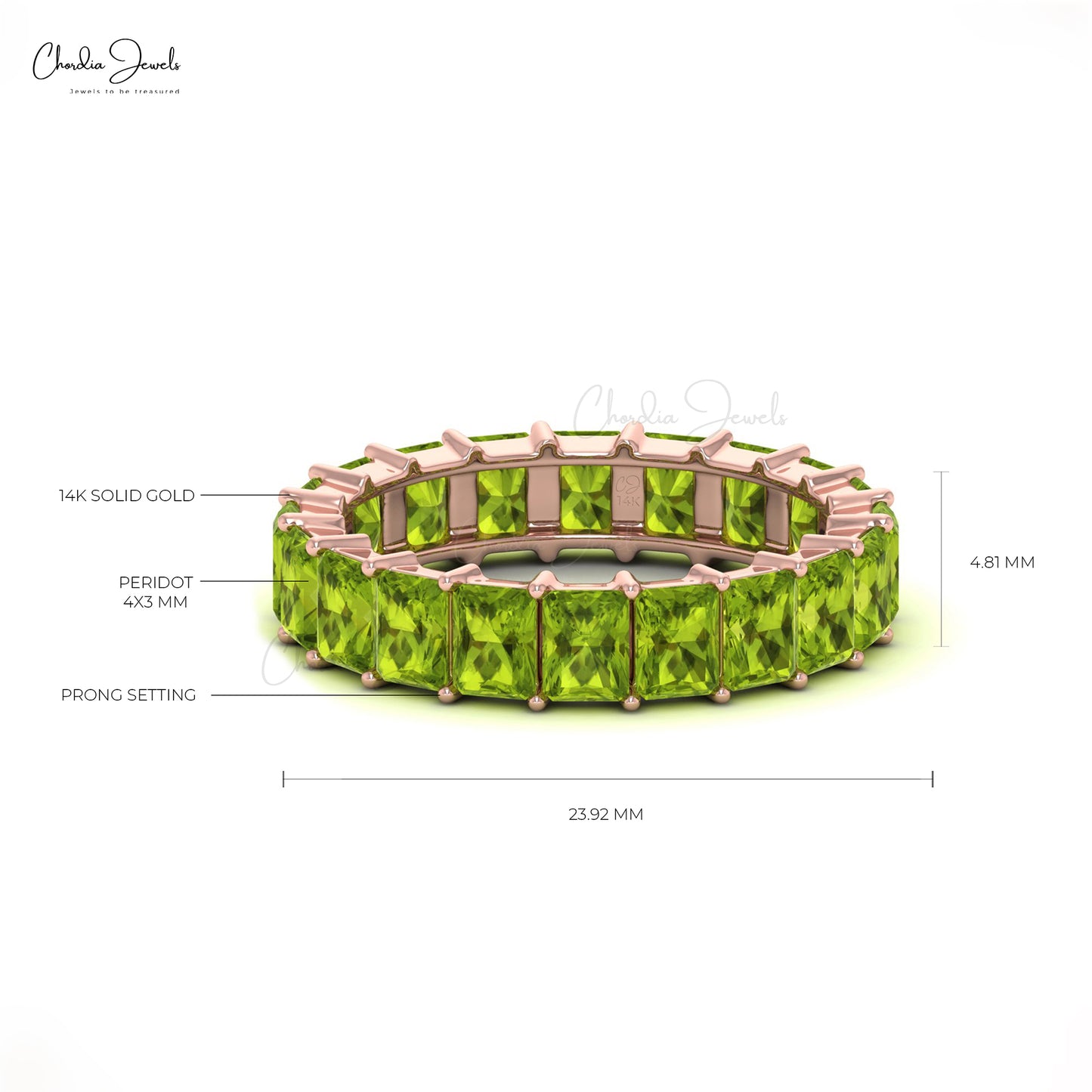 August Birtstone 4.4 Carats Emerald Cut Natural Peridot Full Eternity Band Ring in 14k Solid Gold