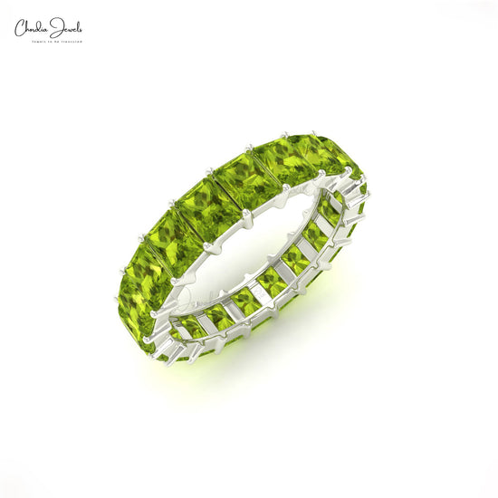 August Birtstone 4.4 Carats Emerald Cut Natural Peridot Full Eternity Band Ring in 14k Solid Gold