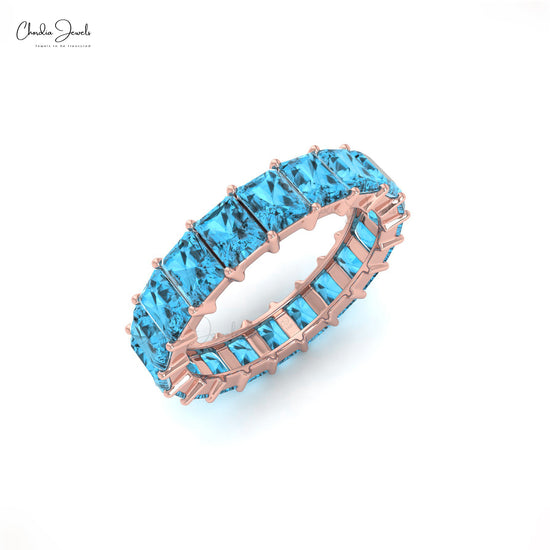 4x3 Emerald Cut Natural Swiss Blue Topaz Band For Anniversary Gift, 14k Solid Gold Gemstone Eternity Band For Women