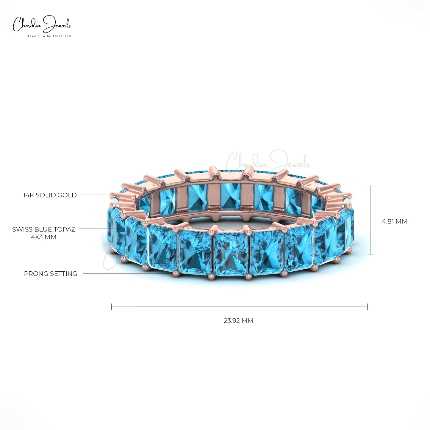 4x3 Emerald Cut Natural Swiss Blue Topaz Band For Anniversary Gift, 14k Solid Gold Gemstone Eternity Band For Women