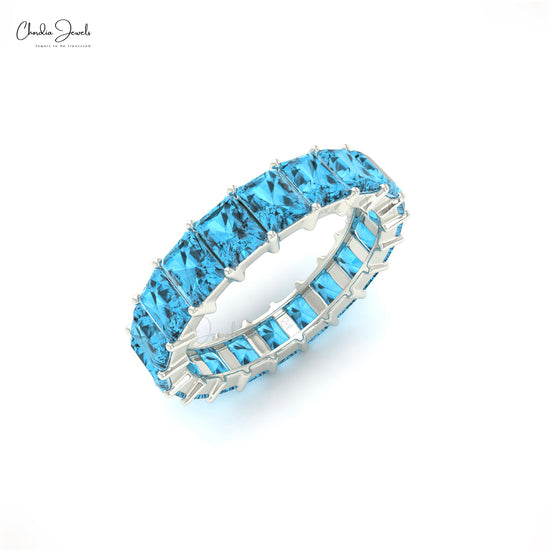 4x3 Emerald Cut Natural Swiss Blue Topaz Band For Anniversary Gift, 14k Solid Gold Gemstone Eternity Band For Women
