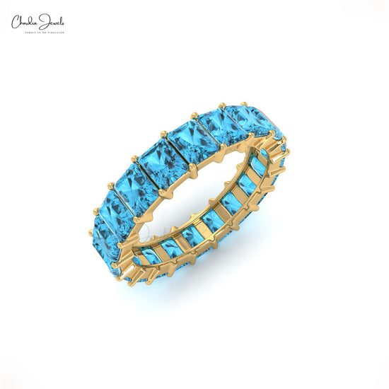 4x3 Emerald Cut Natural Swiss Blue Topaz Band For Anniversary Gift, 14k Solid Gold Gemstone Eternity Band For Women