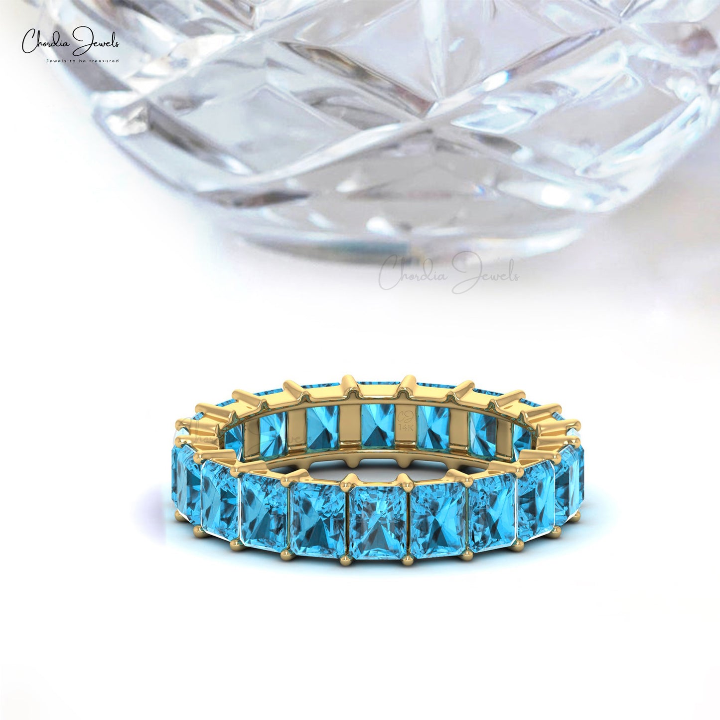 4x3 Emerald Cut Natural Swiss Blue Topaz Band For Anniversary Gift, 14k Solid Gold Gemstone Eternity Band For Women