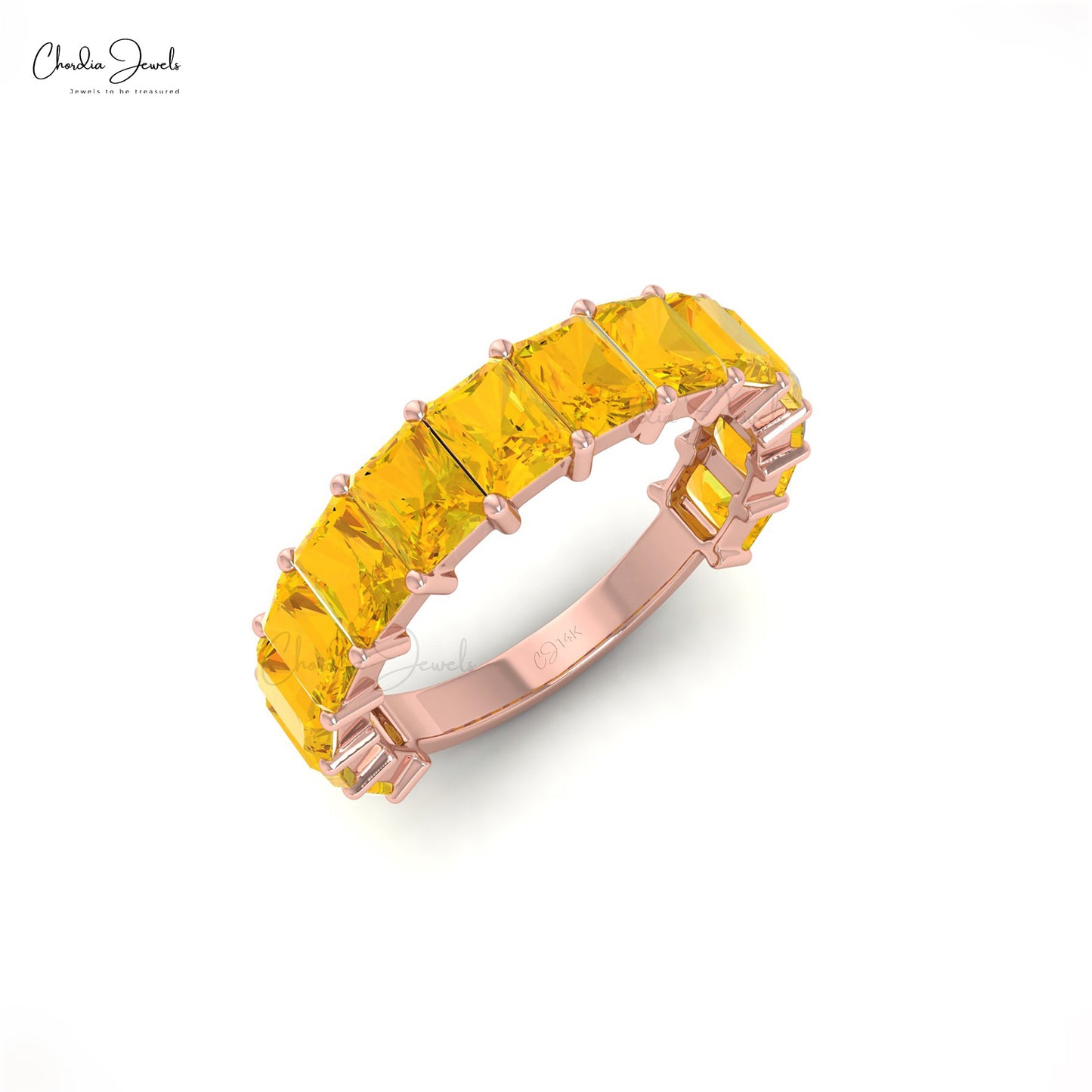 14k Solid Gold Gemstone Half Eternity Band For Her, 4x3 mm Octagon Cut Natural Citrine Band Ring For Women