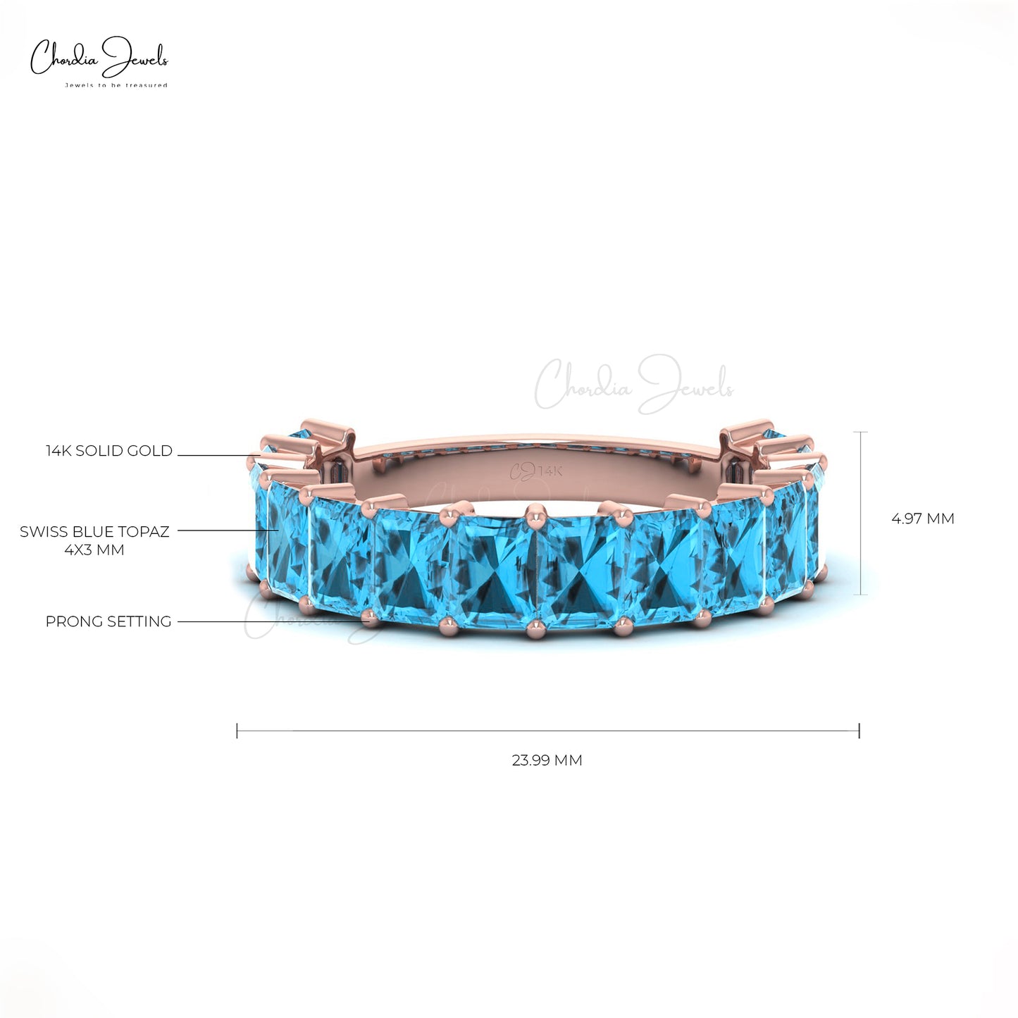 4x3 mm Emerald Cut Natural Swiss Blue Topaz Half Eternity Band,14k Solid Gold Gemstone Band Ring For Wedding