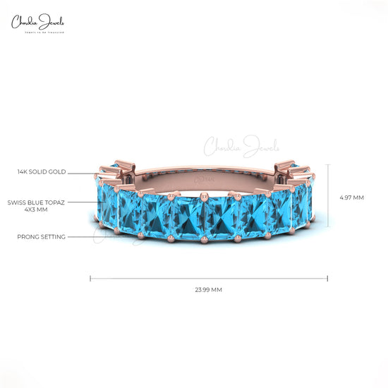 4x3 mm Emerald Cut Natural Swiss Blue Topaz Half Eternity Band,14k Solid Gold Gemstone Band Ring For Wedding