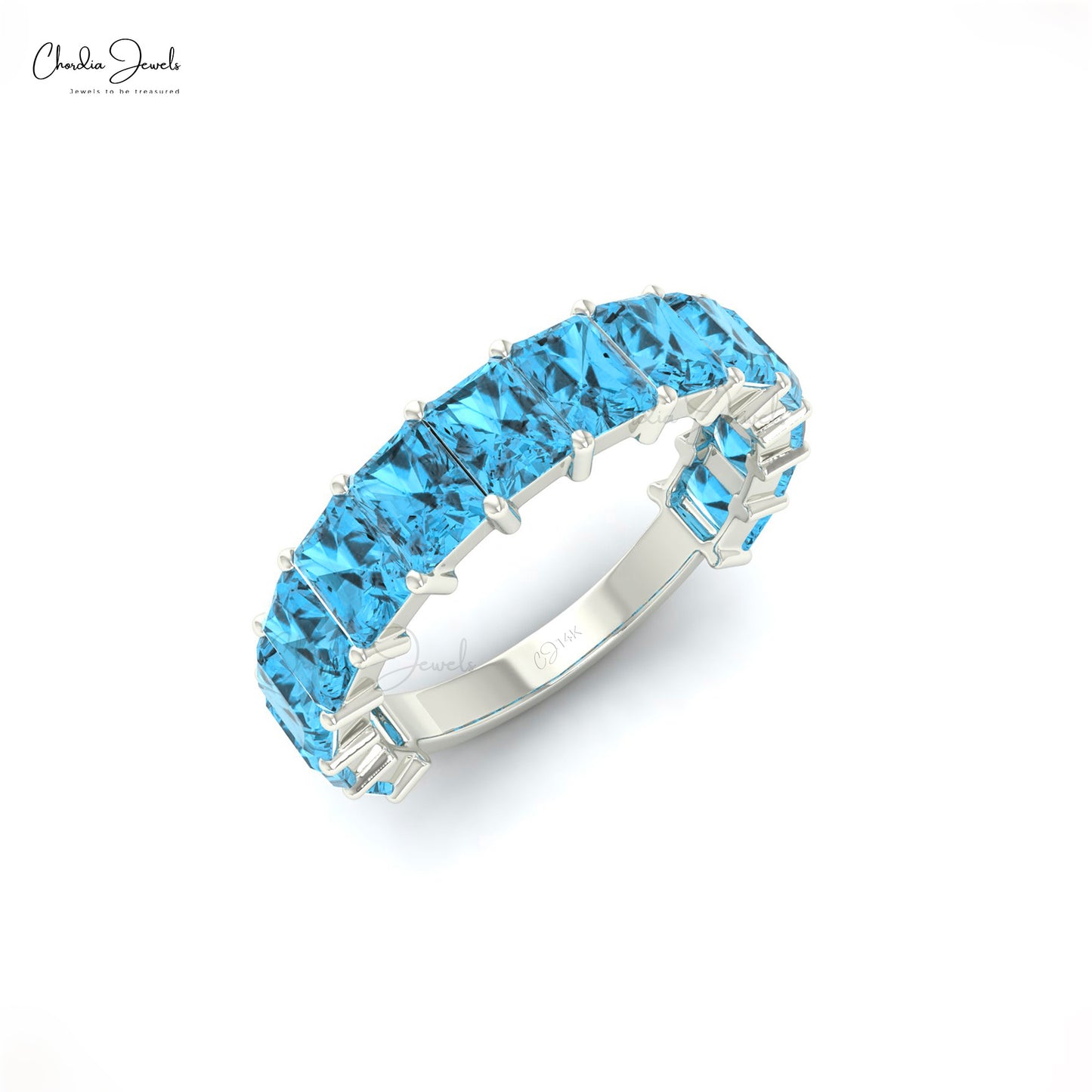 4x3 mm Emerald Cut Natural Swiss Blue Topaz Half Eternity Band,14k Solid Gold Gemstone Band Ring For Wedding