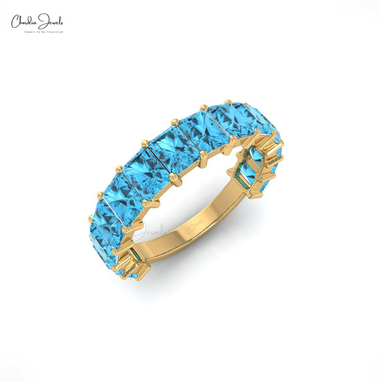 4x3 mm Emerald Cut Natural Swiss Blue Topaz Half Eternity Band,14k Solid Gold Gemstone Band Ring For Wedding