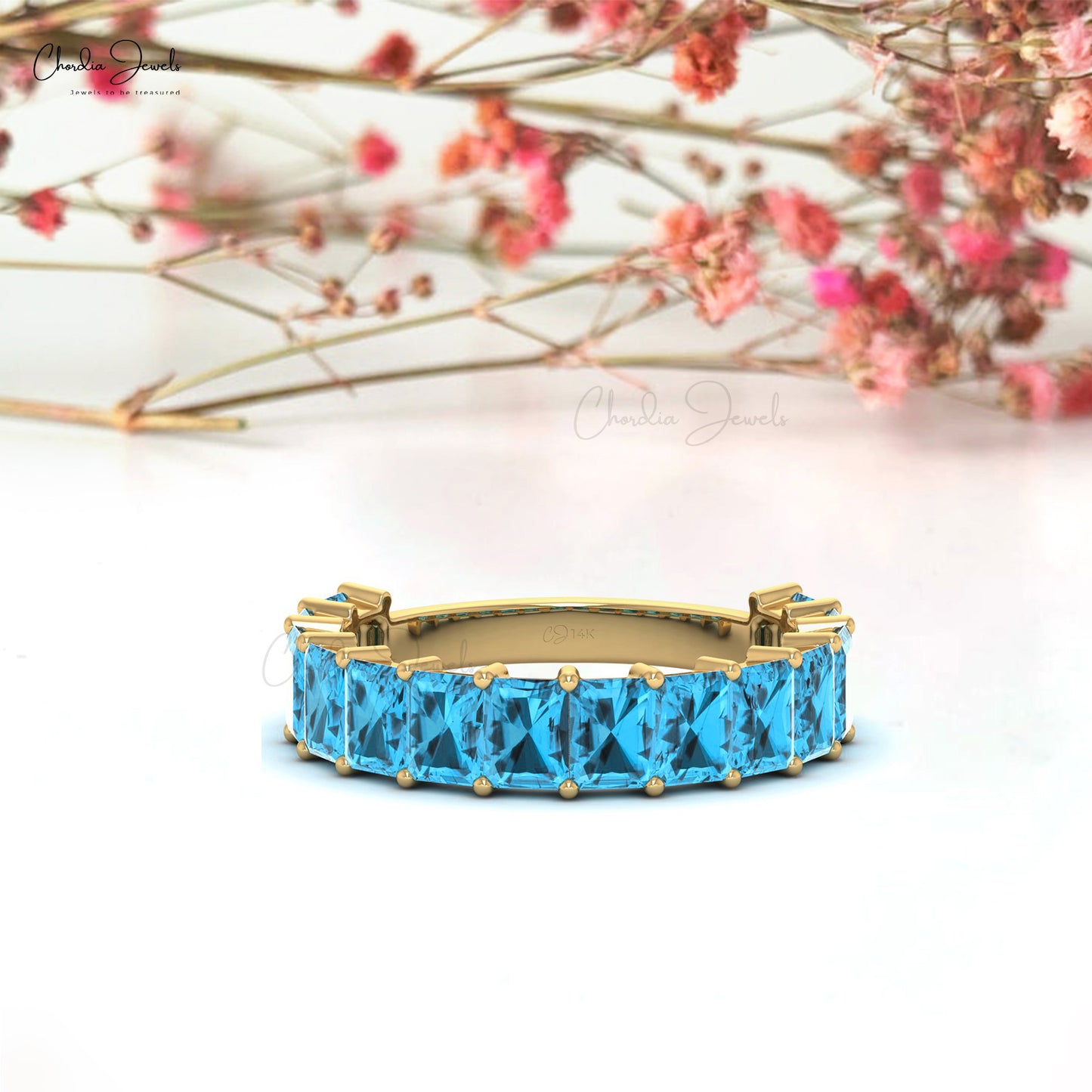 4x3 mm Emerald Cut Natural Swiss Blue Topaz Half Eternity Band,14k Solid Gold Gemstone Band Ring For Wedding