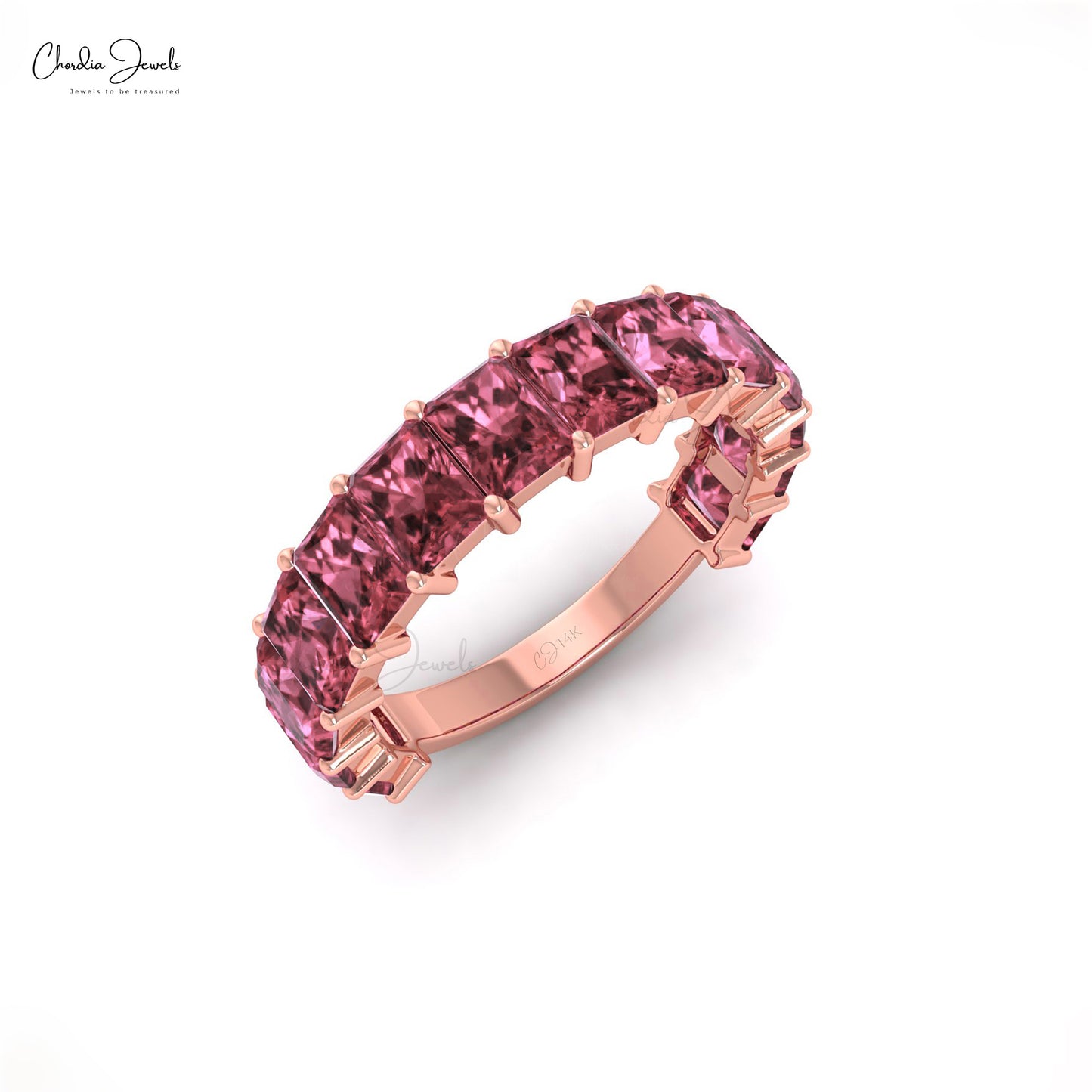 3.36 Carat Natural Pink Tourmaline Half Eternity Band For Her, 14k Solid Gold Gemstone Band For Wedding Gift