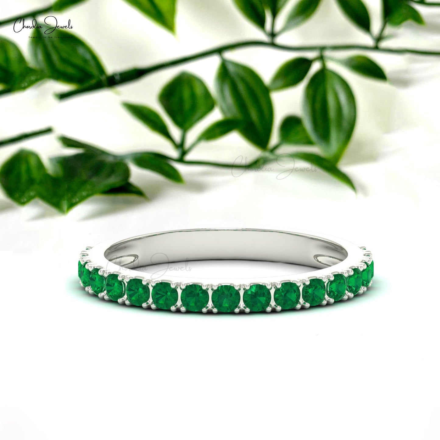 Load image into Gallery viewer, Natural Emerald Stone Half Eternity Band Ring in 14k Solid Gold
