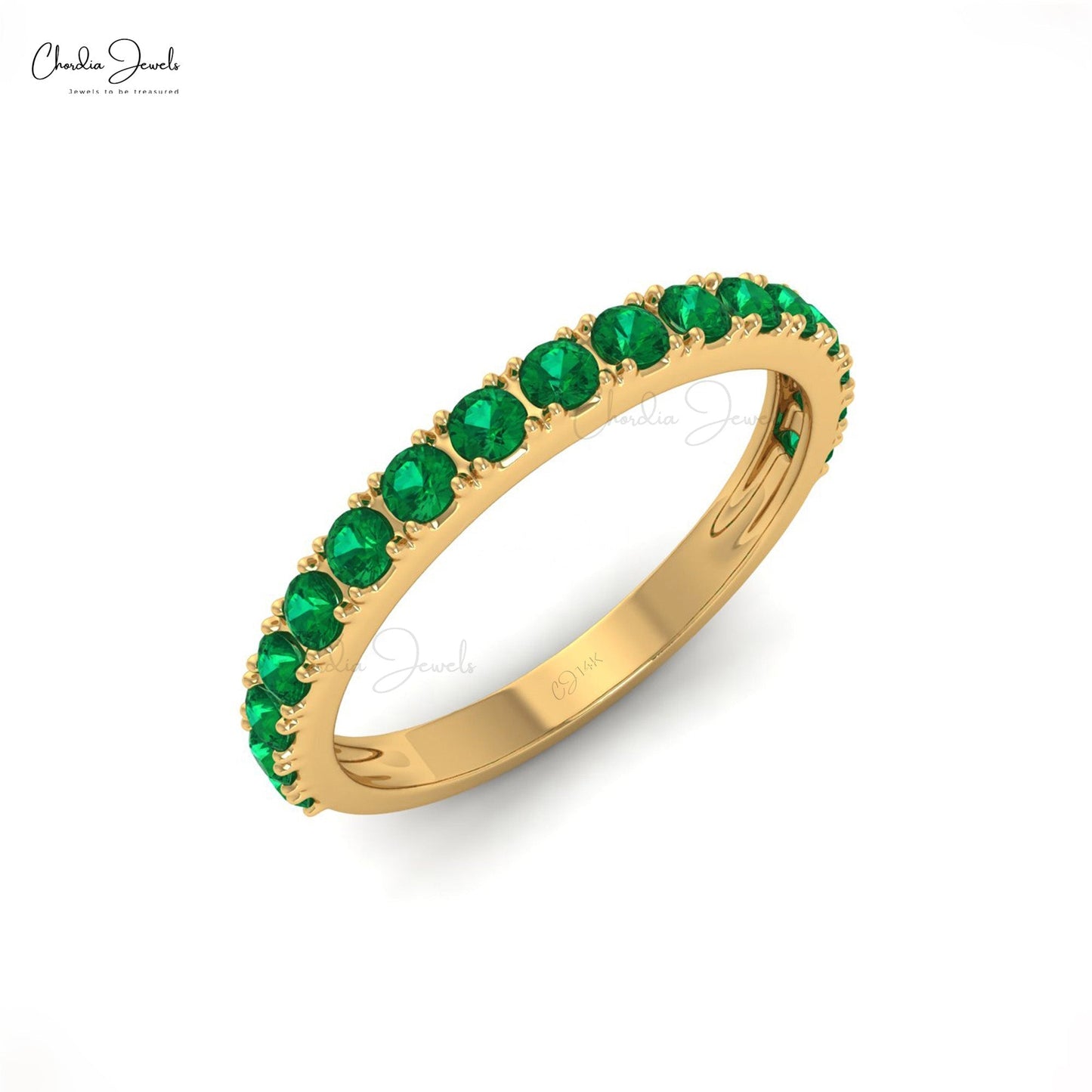 Load image into Gallery viewer, Natural Emerald Stone Half Eternity Band Ring in 14k Solid Gold
