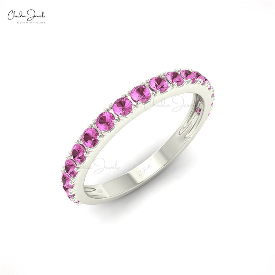 14K Solid Gold Gemstone Band For Women, 0.51Cts Natural Pink Sapphire Band Round Half Eternity Band