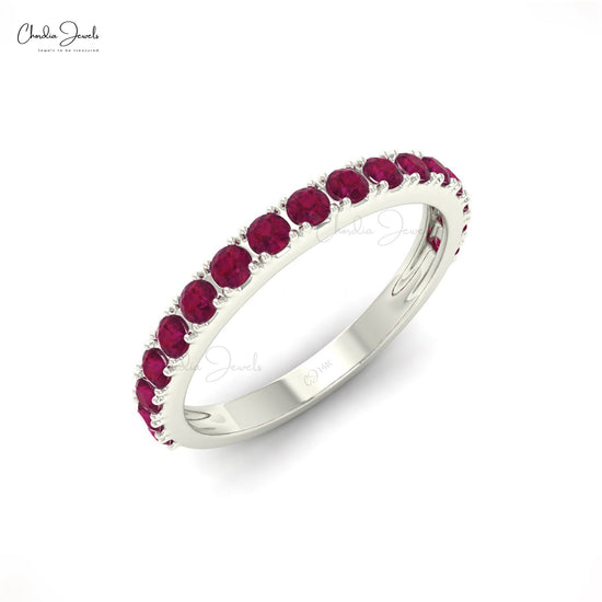 2 mm Round Cut Natural Red Ruby Half Eternity Band For Women, 14k Solid Gold Gemstone Band Ring