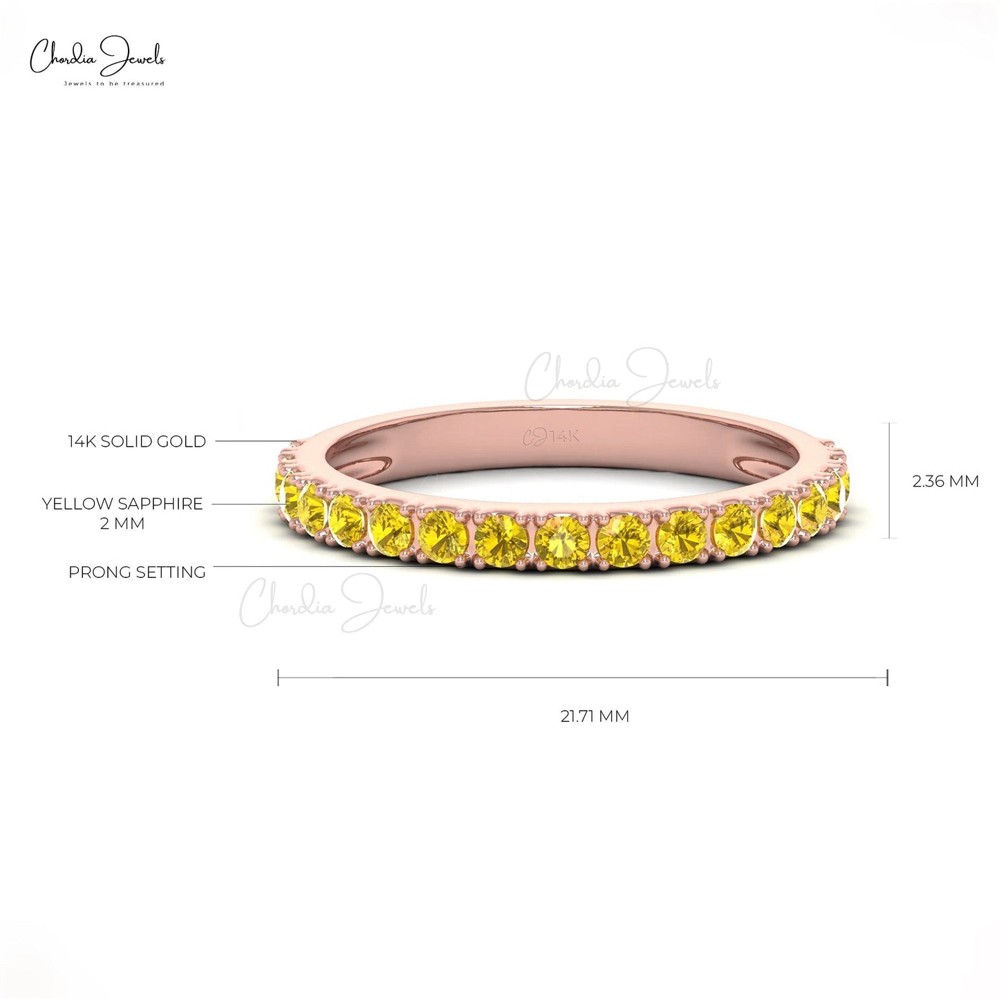Beautiful 2MM Half Eternity Ring Band in Yellow Sapphire