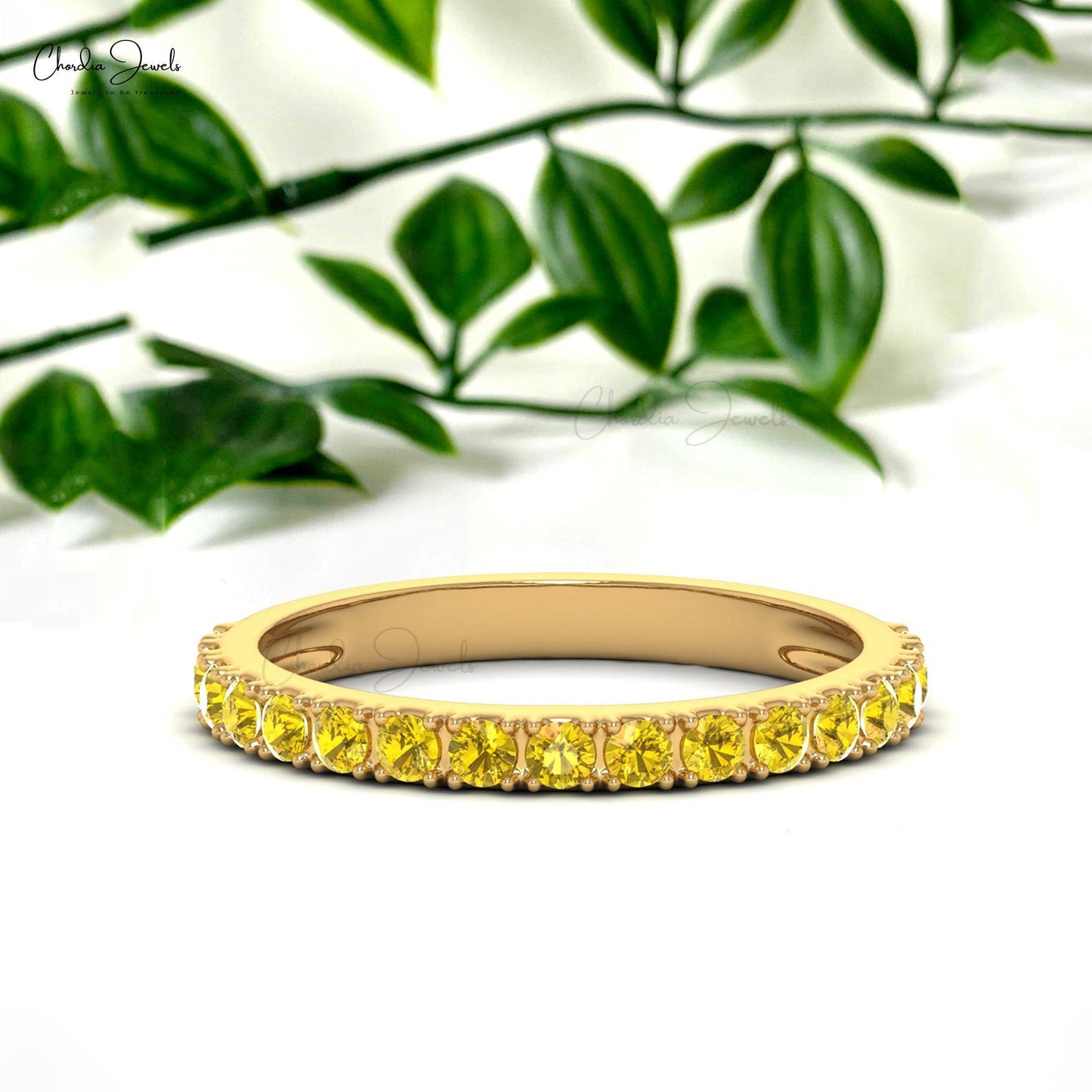Beautiful 2MM Half Eternity Ring Band in Yellow Sapphire