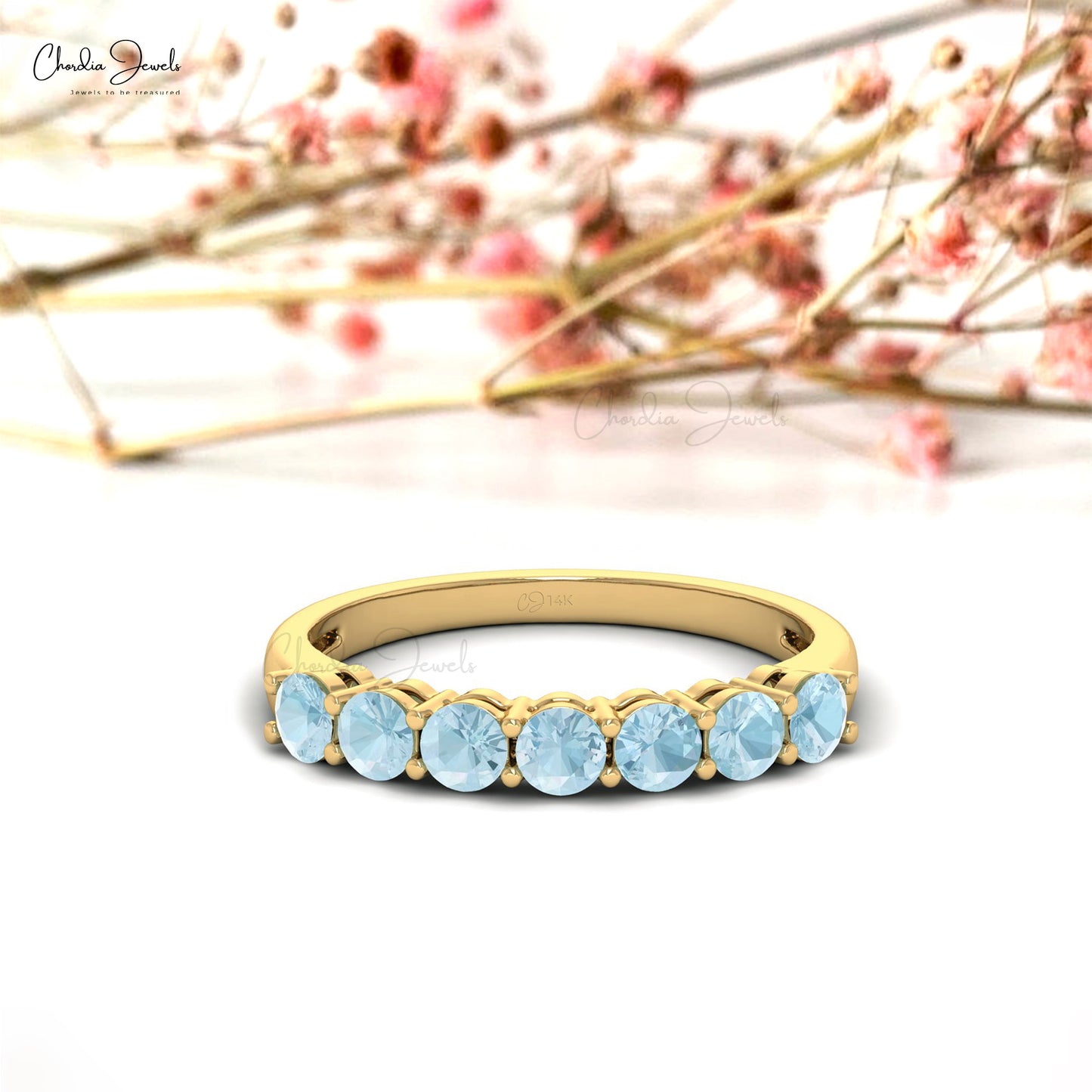 Natural Gemstone Half Eternity Band For Anniversary in 14k Solid Gold