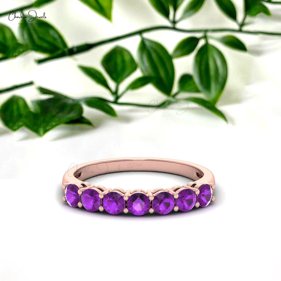 Natural 3mm Purple Amethyst Half Eternity Band in 14k Solid Gold